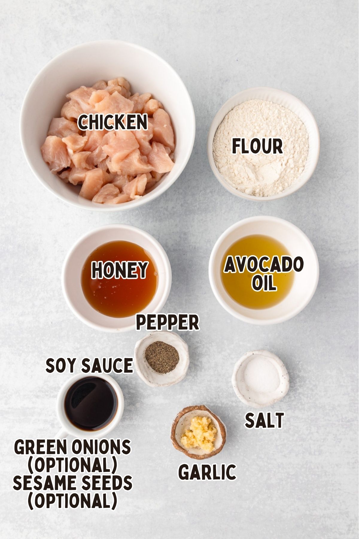 Labelled ingredients for honey garlic chicken bites. 