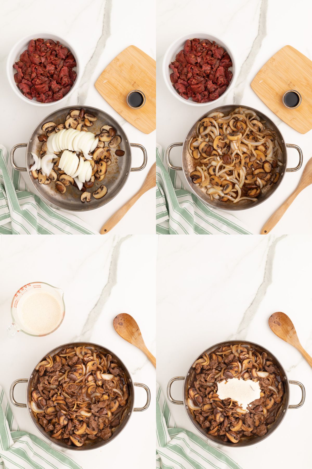 Step by step images for beef stroganoff.