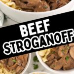 Beef stroganoff in a white bowl.