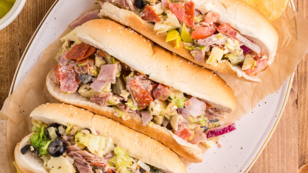 Chopped Italian sandwiches placed on a plate.