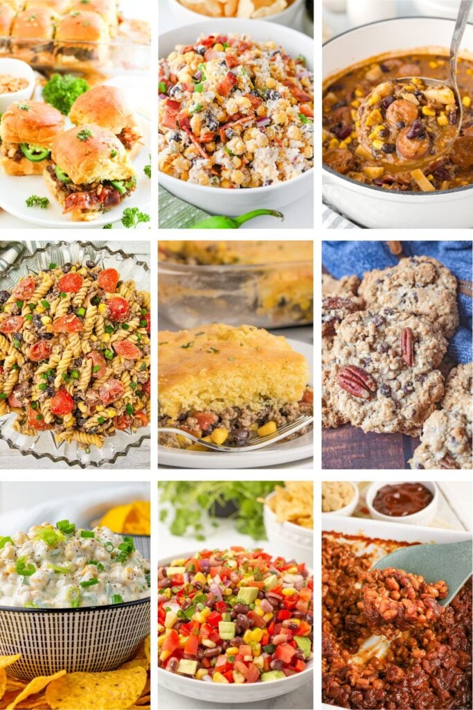 Photo collage with cowboy appetizers, cowboy dinners and cowboy desserts.