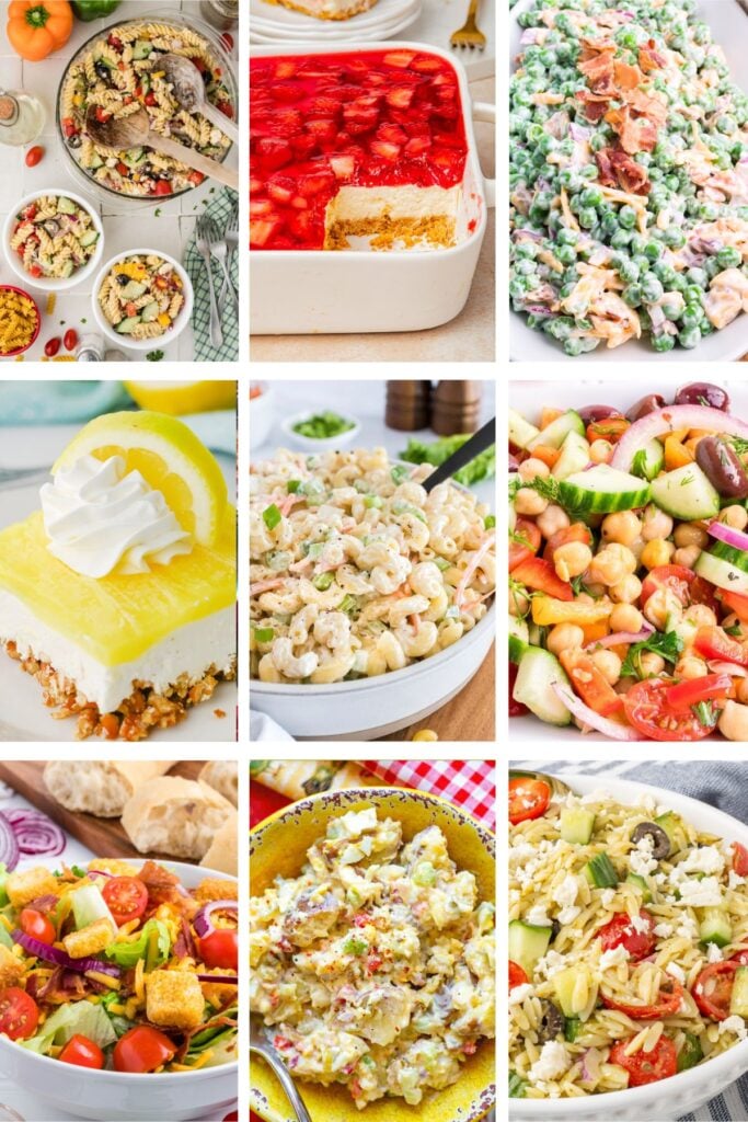 Photo collage of side salad recipes.