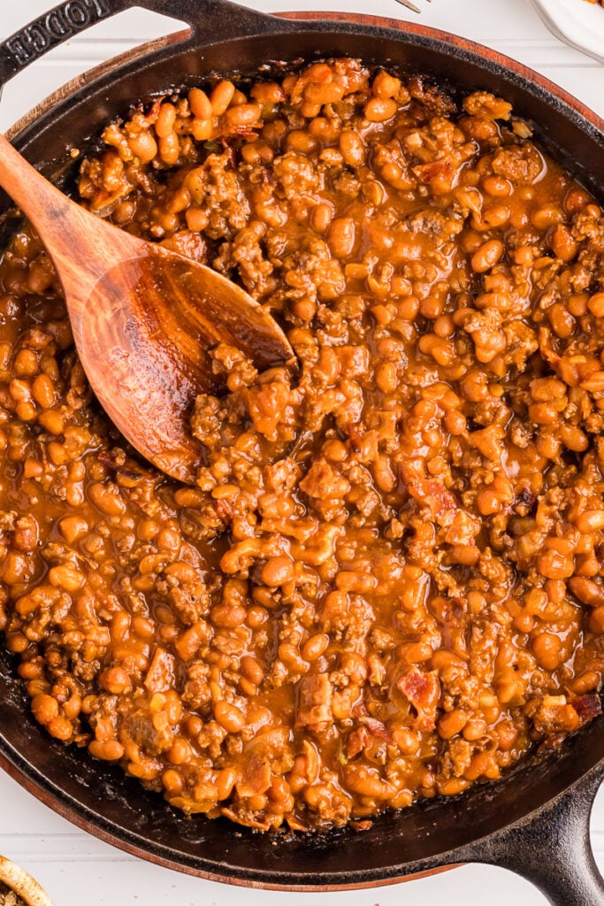 Baked beans in cast iron skillet.