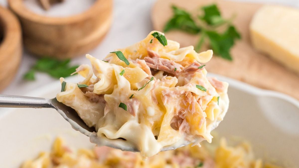 Tuna helper copycat scooped up on a spoon.