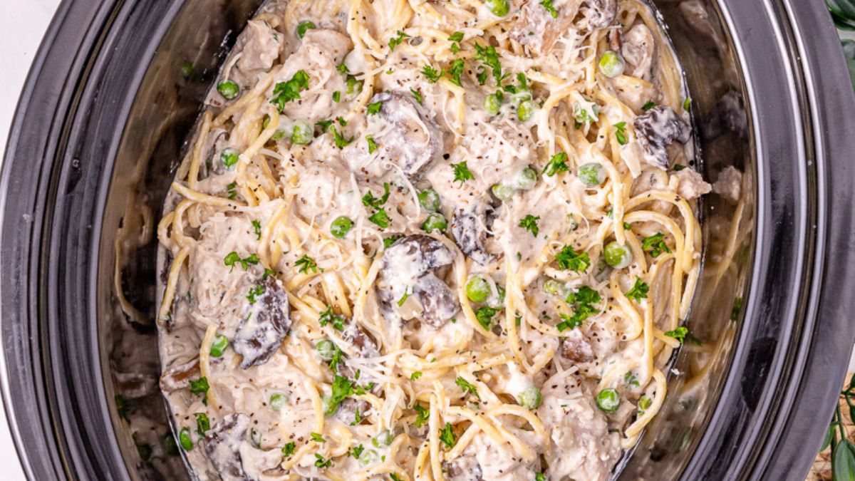 Overhead view or turkey tetrazzini in crockpot.