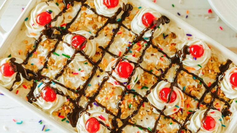 No bake banana split cake overhead view.