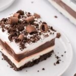 No bake chocolate laagna served on a plate.