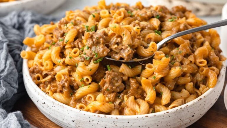 One pot cheeseburger macaroni in a white bowl.