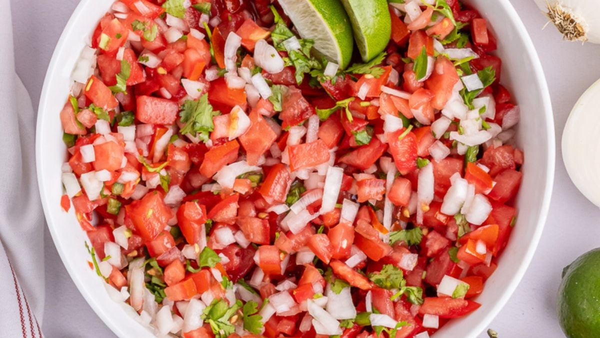 Pico de gallo in a white bowl