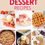 Photo collage with rhubarb dessert recipes.