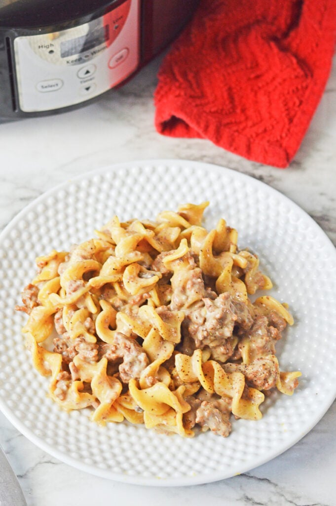 Slow cooker ground beef stroganoff on a white plate.