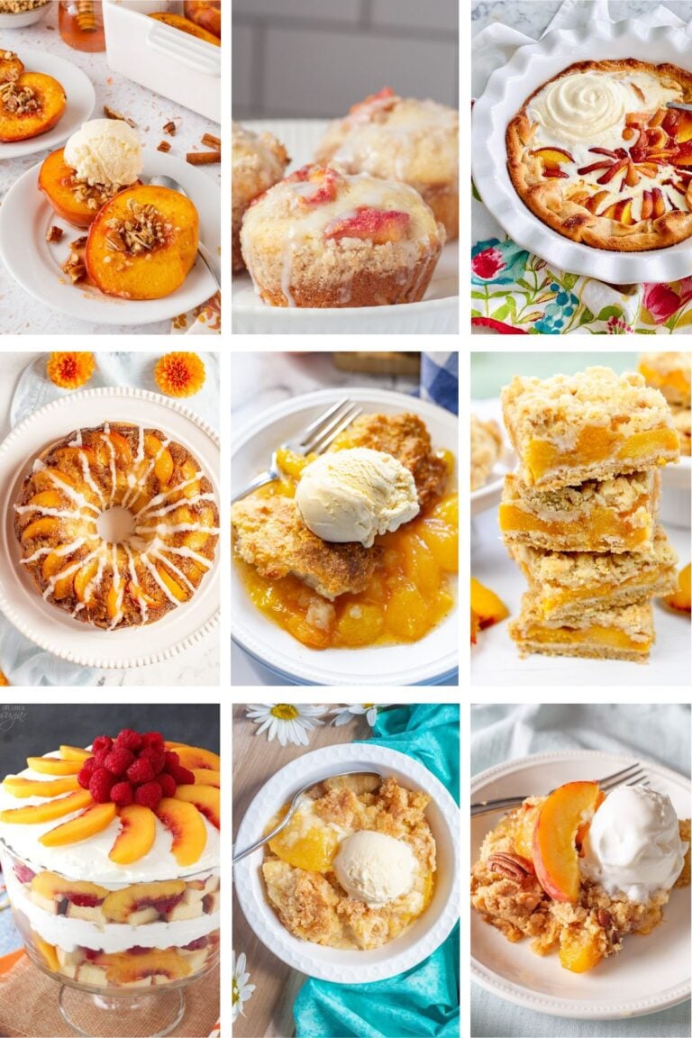 Photo collage with fresh peach dessert recipes.