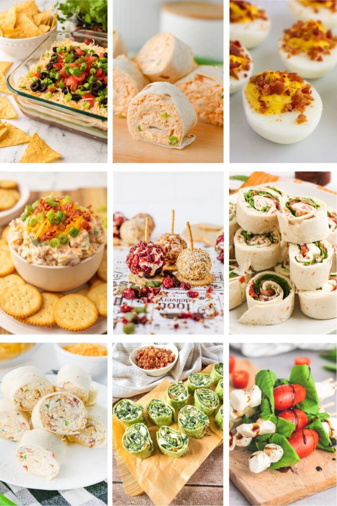 Photo collage with picnic finger food ideas.