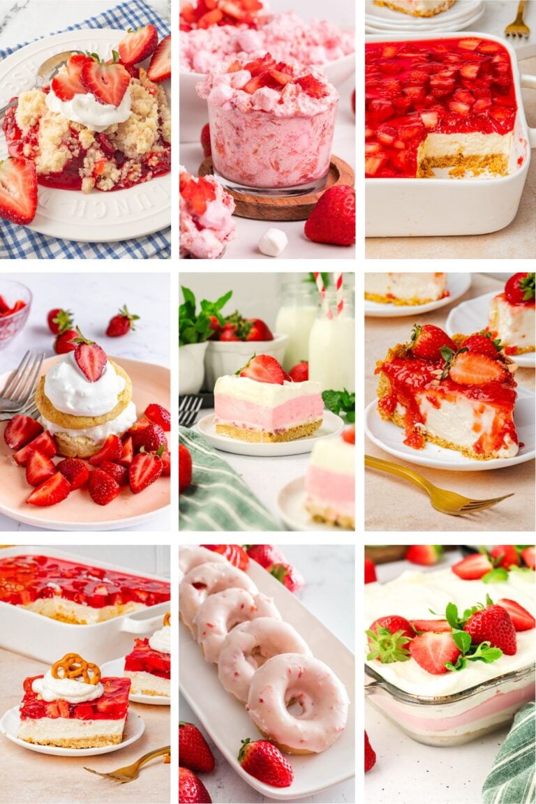 Photo collage with strawberry dessert recipes.