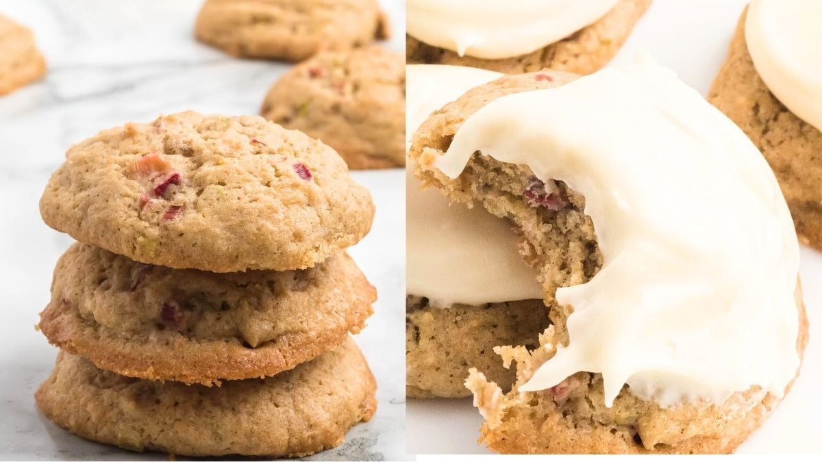 Photo collage of stacked rhubarb cookies both plain and frosted.