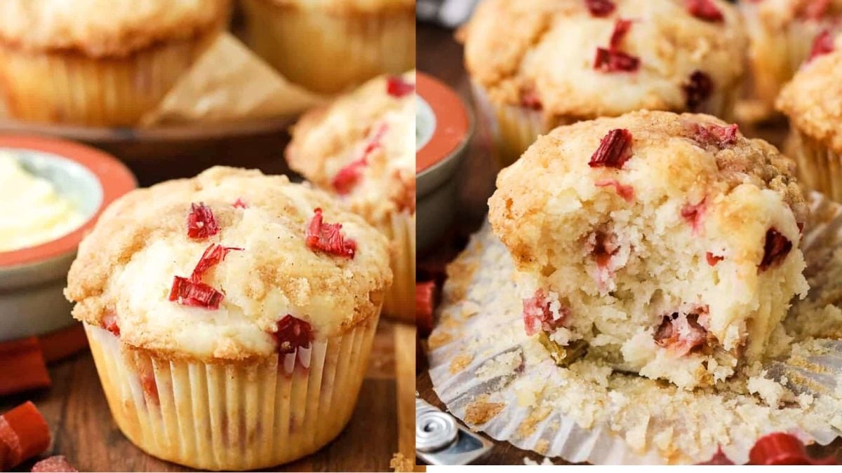 Rhubarb muffins photo collage.
