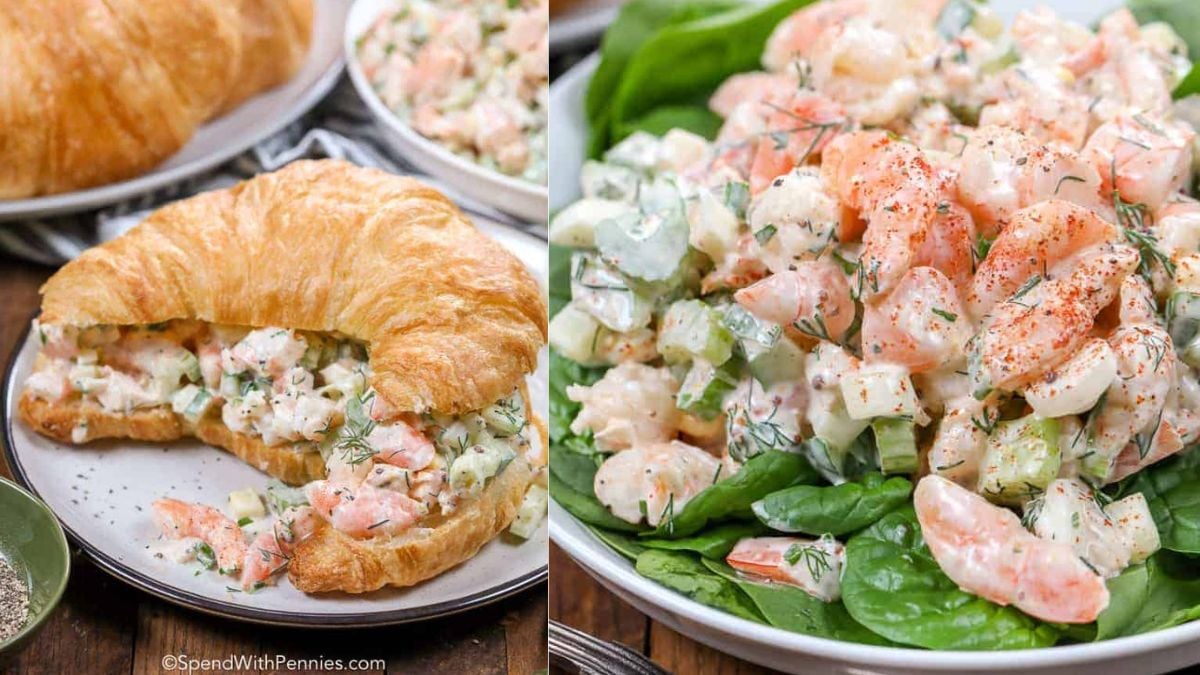 Photo collage with shrimp salad served on a croissant and with salad greens.