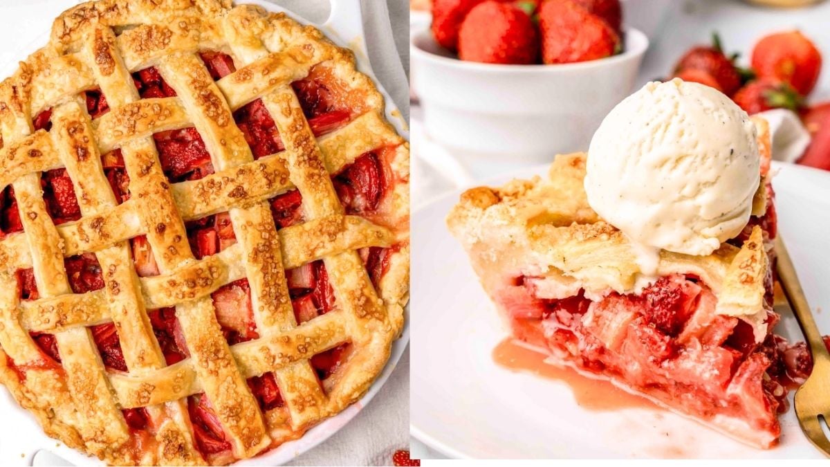 Strawberry rhubarb pie served on a white plate.