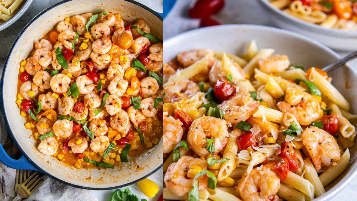 Summer shrimp scampi photo collage of it served on a plate.