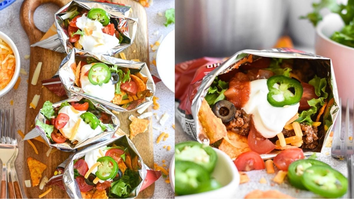 Photo collage of walking tacos.