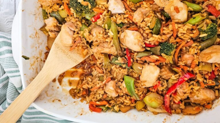 Overhead view of 5-ingredient teriyaki chicken casserole in dish.