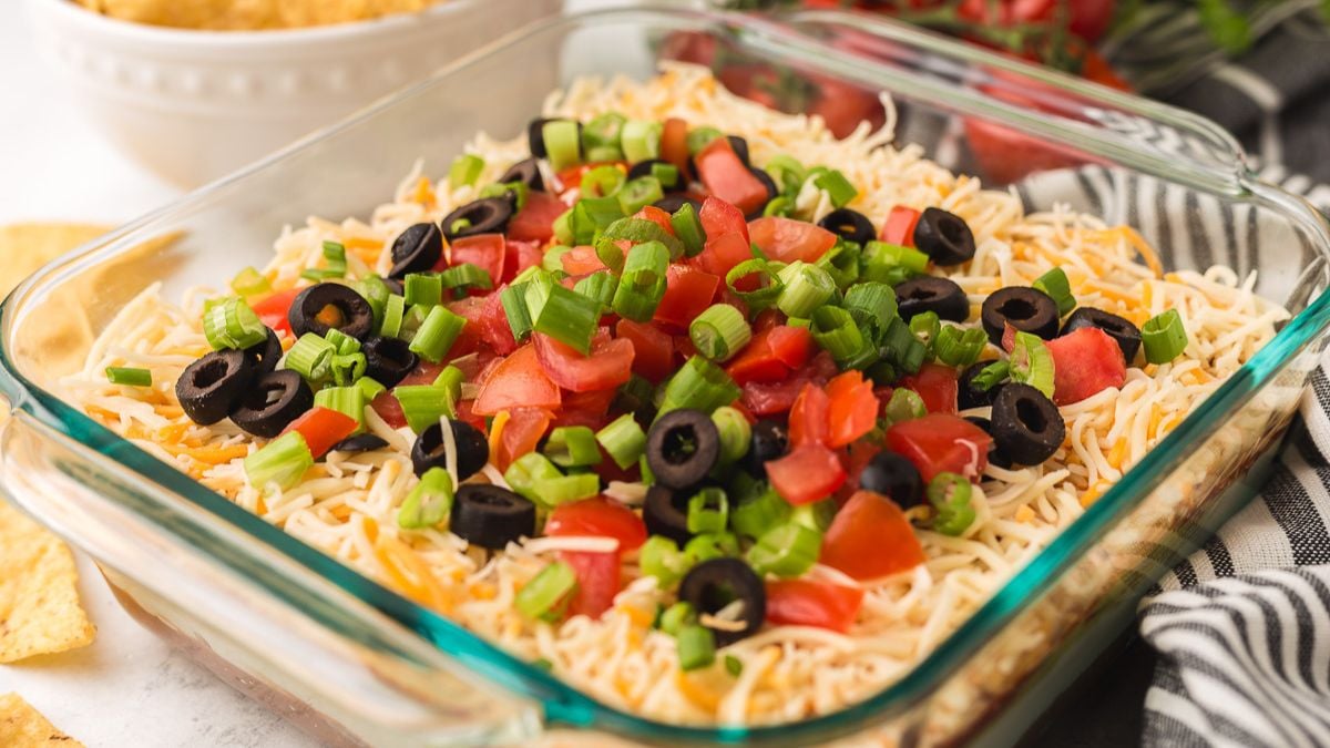 7 Layer dip in dish ready to be served.