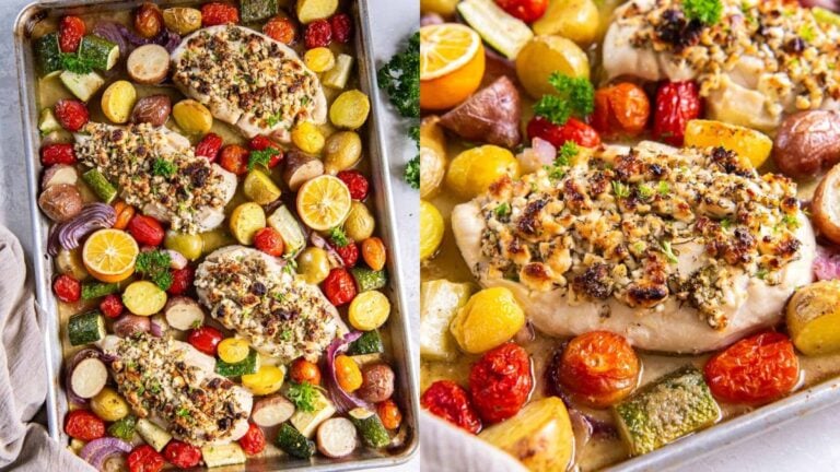 Photo collage of sheet pan dinner.
