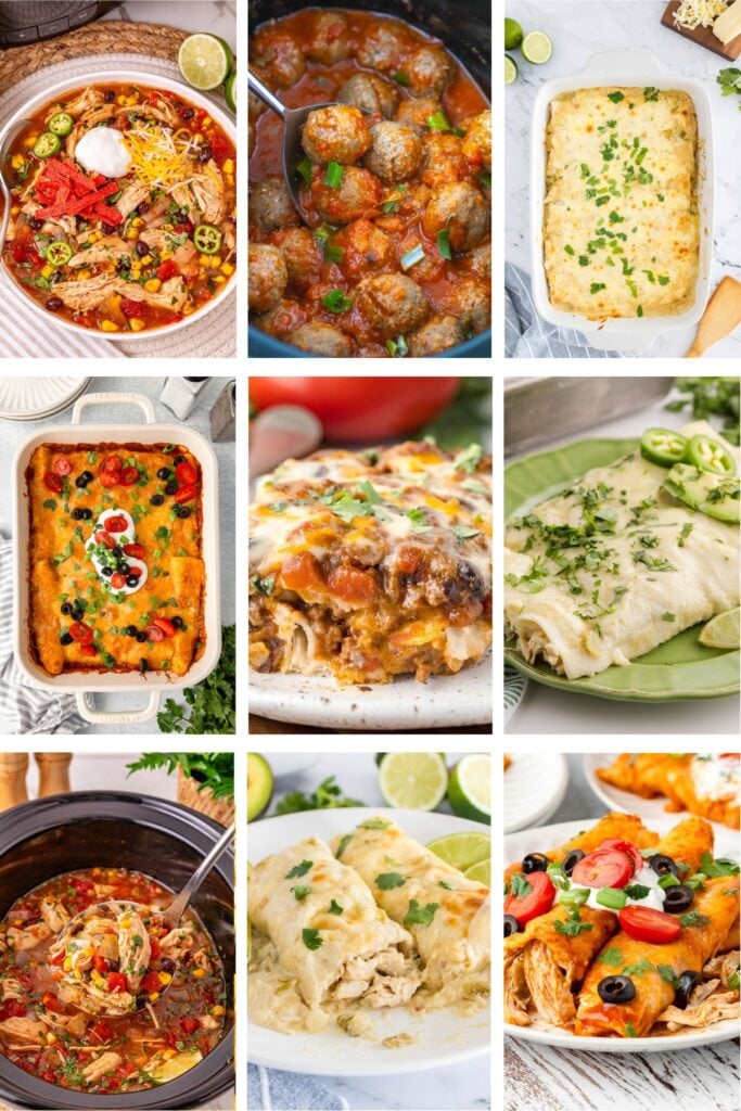 Photo collage with enchilada-inspired recipes.