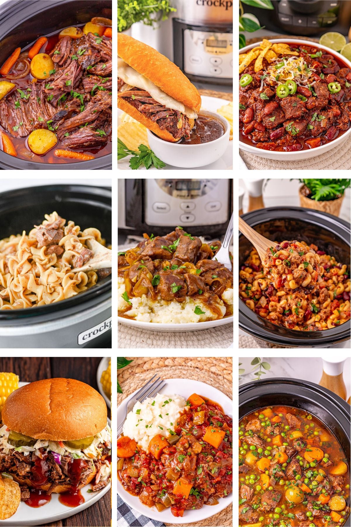 Photo collage with cozy slow cooker beef recipes.