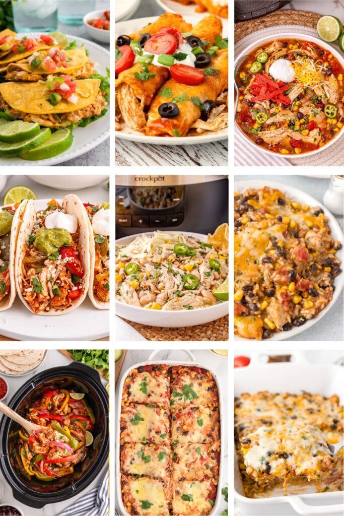 Photo collage with Taco Tuesday chicken recipes.