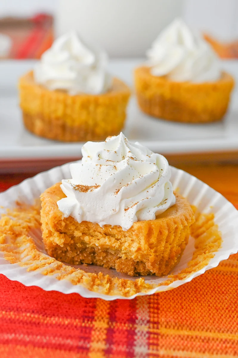 Mini fall cheesecakes on cupcake liner with one bite removed.
