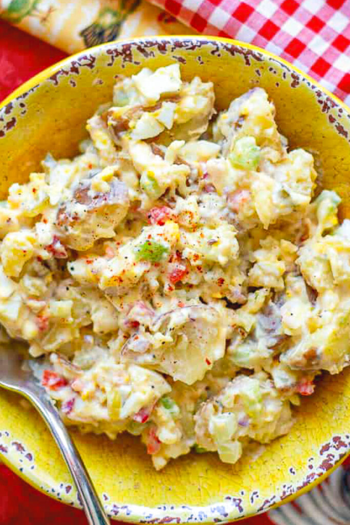 Closeup of creamy red potato salad.