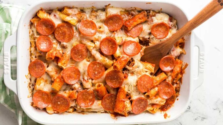 Pizza casserole in white baking dish.