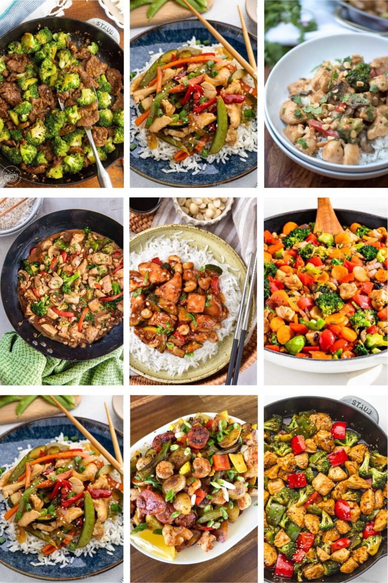 Photo collage with stir fry recipes.