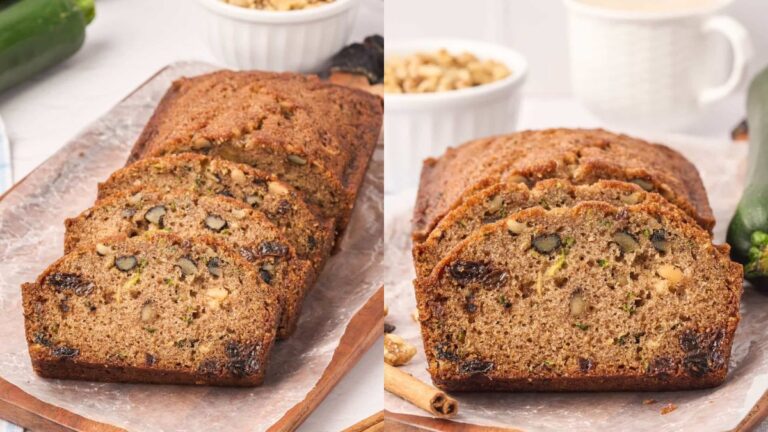 Zucchini bread sliced and serve on a plate.