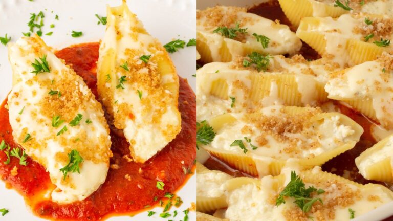 Photo collage of copycat shells recipe from The Olive Garden.