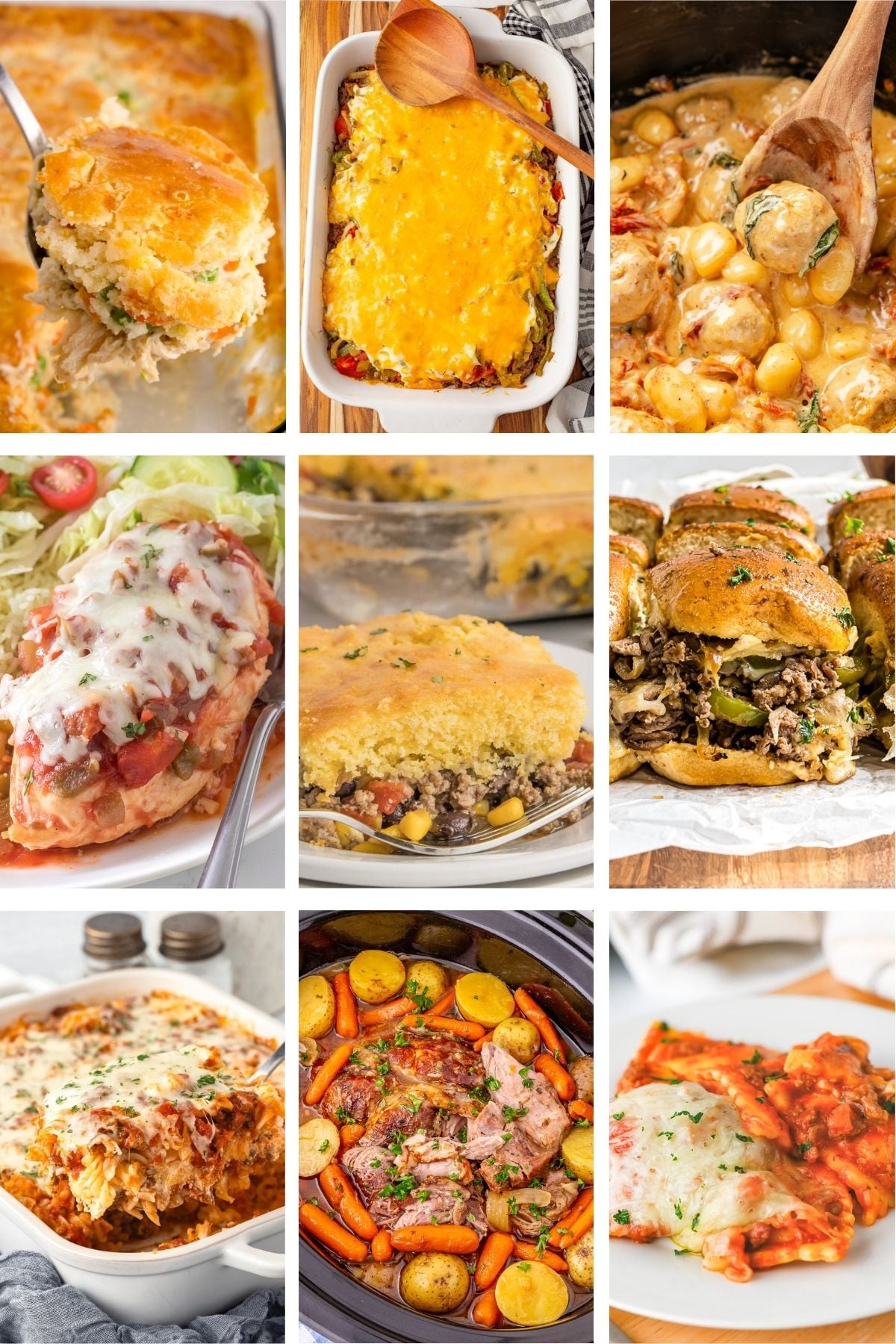 Photo collage with comfort food dinner ideas.
