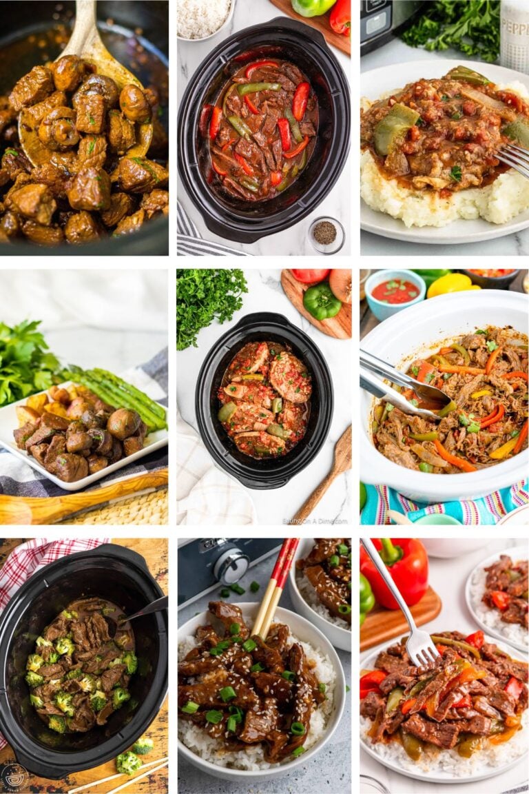 Photo collage with crockpot steak recipes.