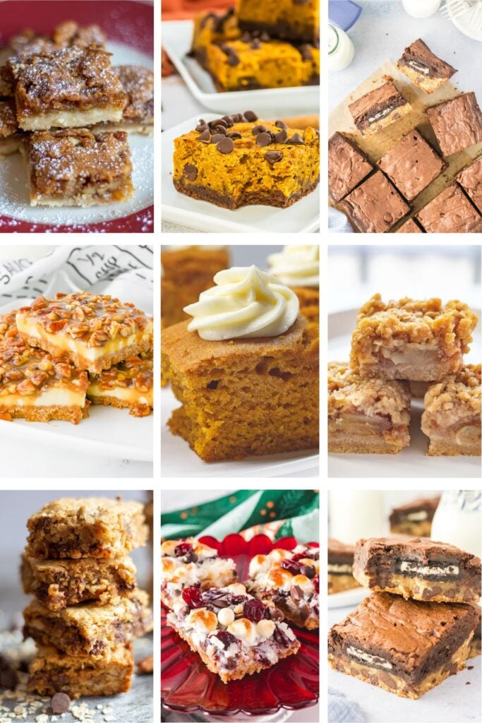 Photo collage with fall dessert bar recipes.