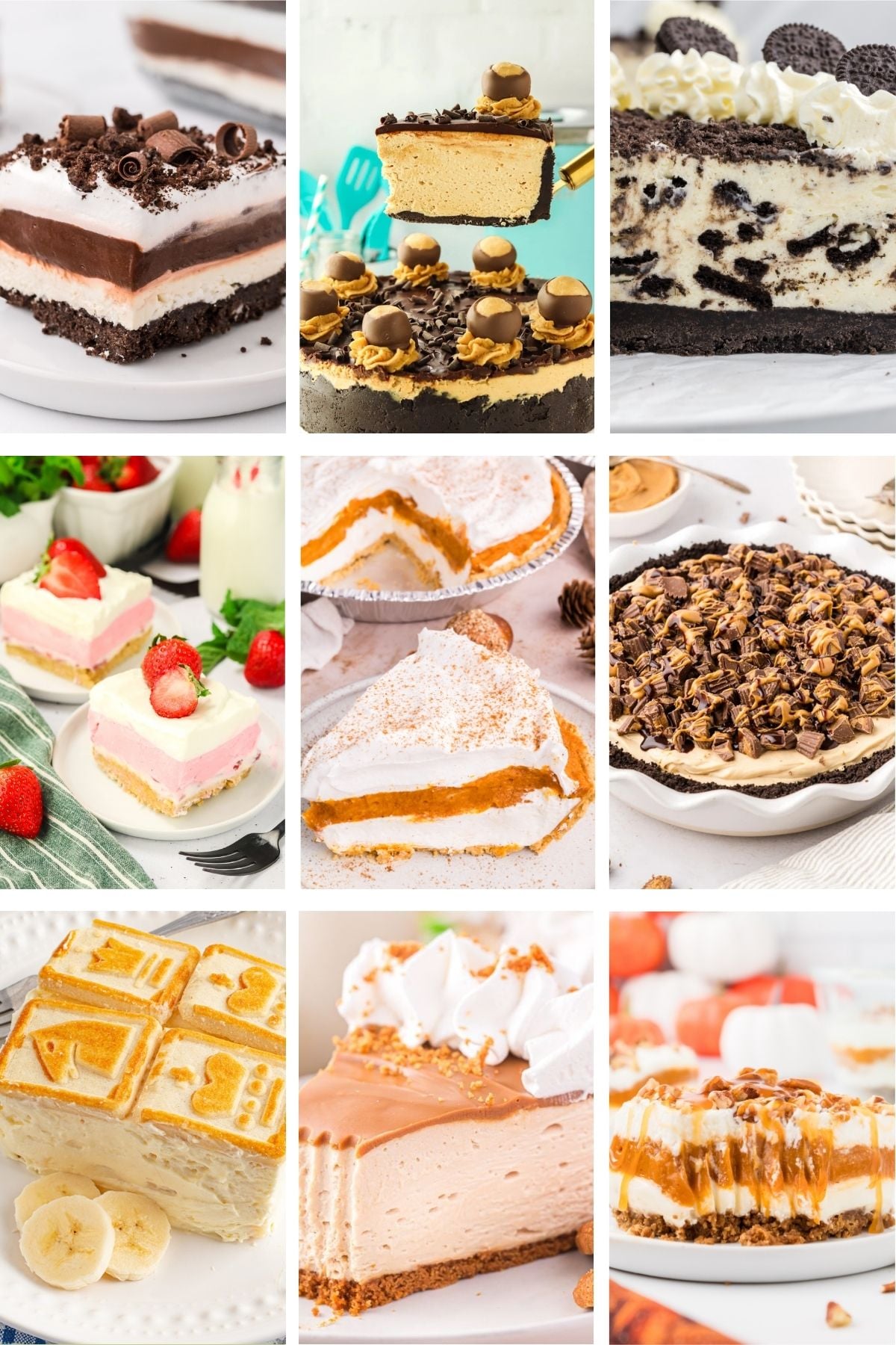 Photo collage with no bake dessert recipes.
