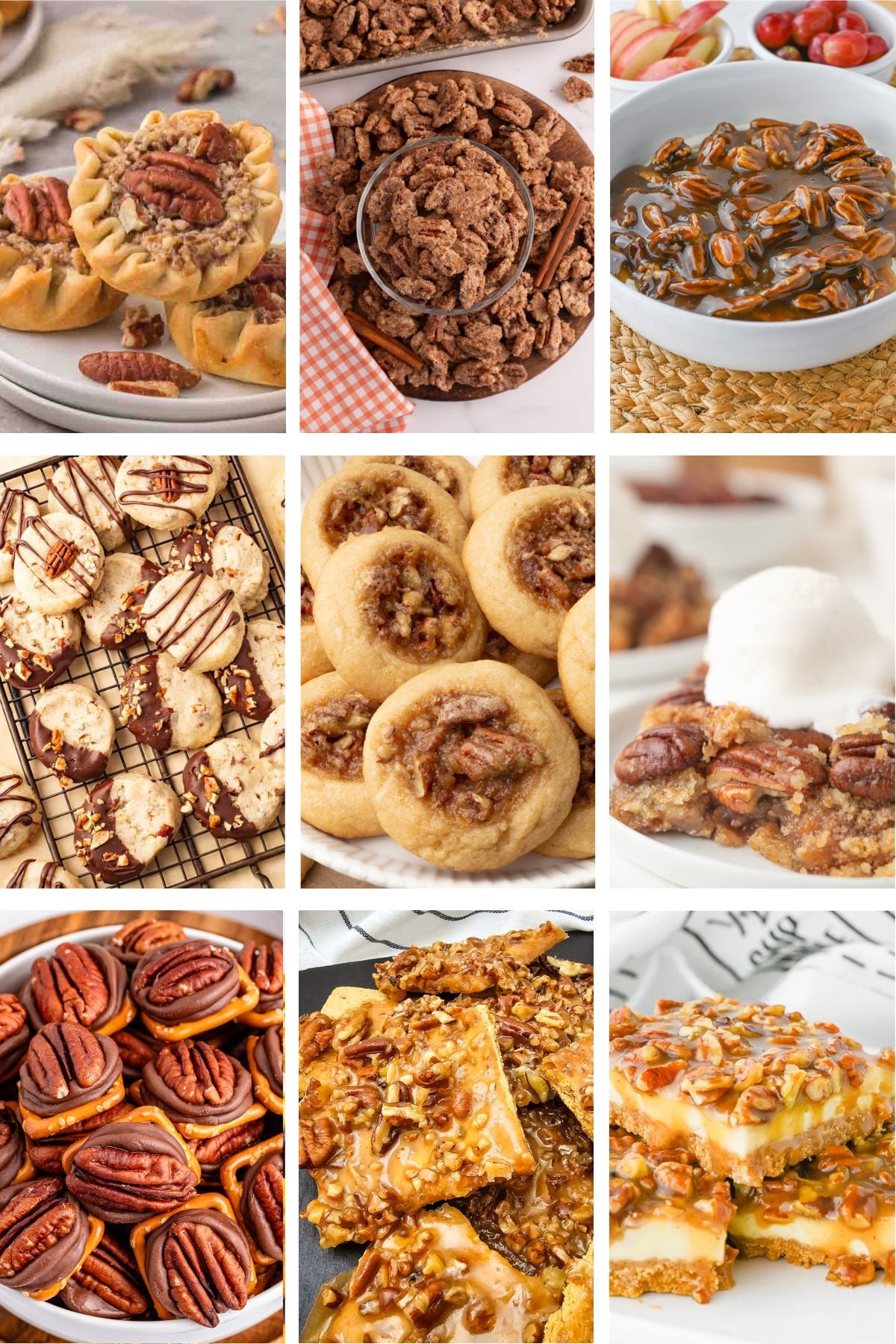 Photo collage with pecan dessert recipes.