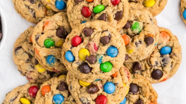 Peanut butter Monster Cookies overhead image.