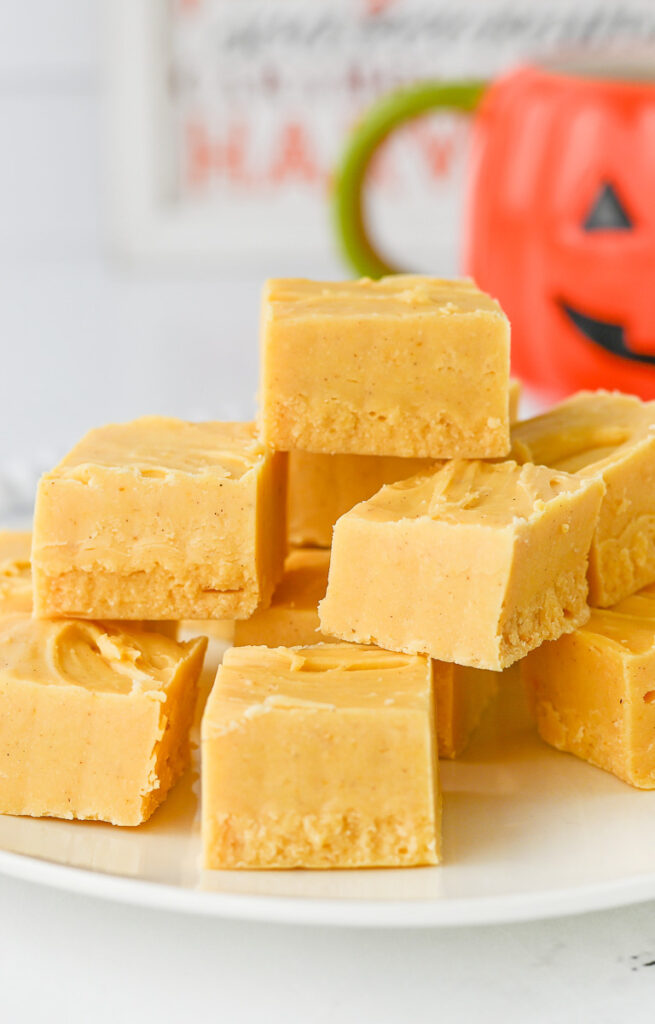 Pumpkin fudge on a white plate.