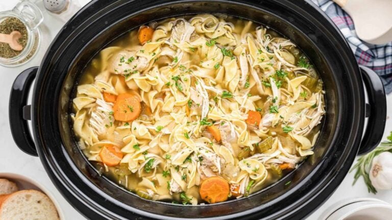 Chicken noodle soup in crockpot.
