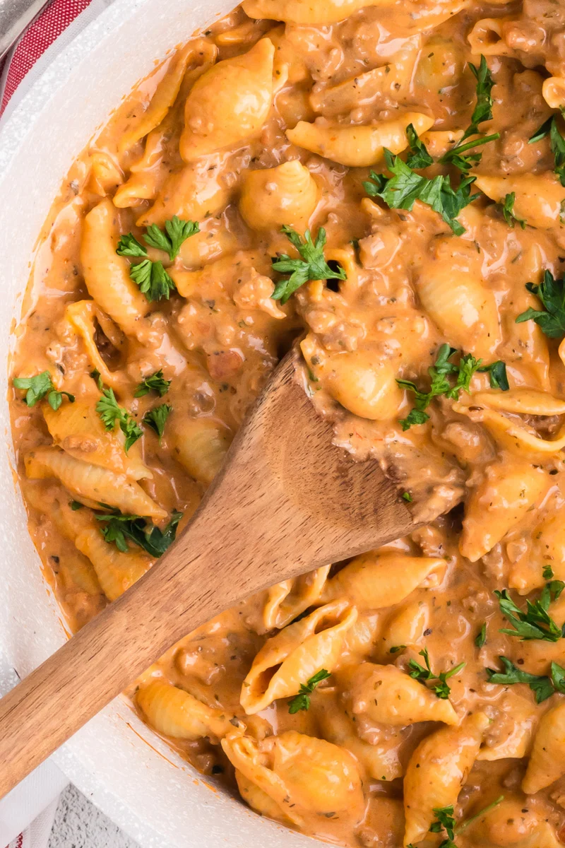 Creamy beef & shells pasta dinner in bowl ready to be served.