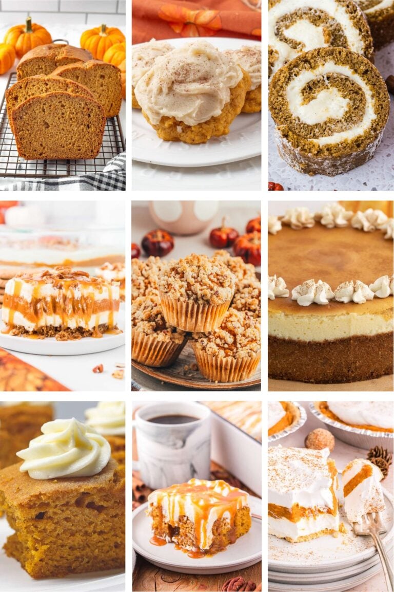 Photo collage with pumpkin dessert recipes.