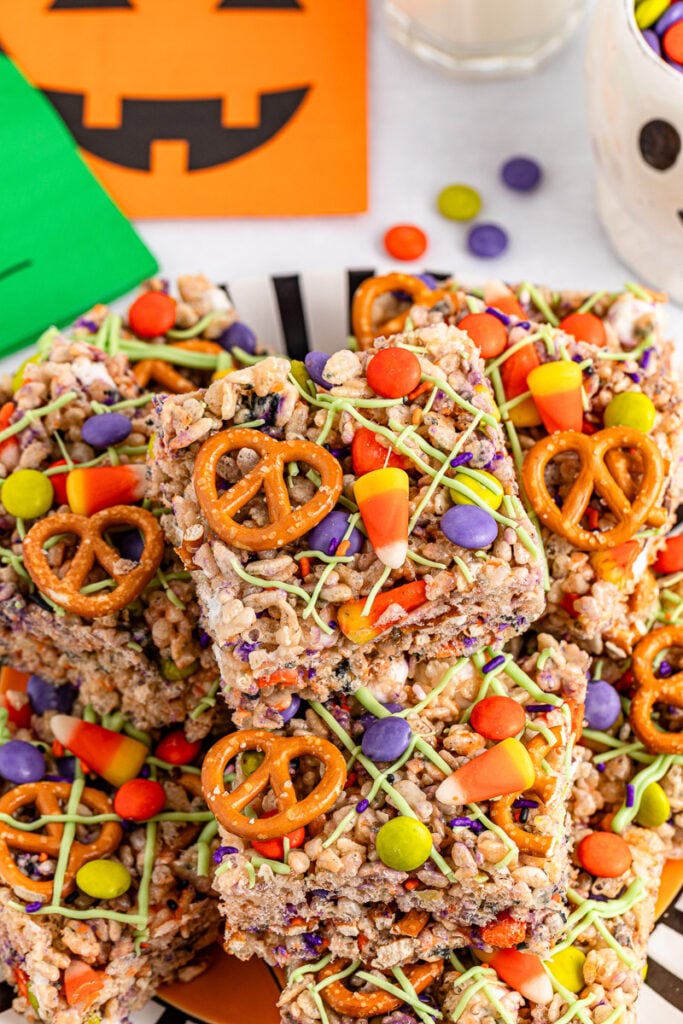 Close up image of halloween rice krispie treats on a plate.