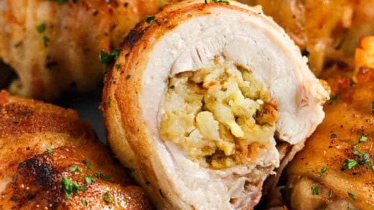 Close up image of chicken and stuffing.