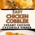 Creamy chicken cobbler casserole scooped up on serving spoon.