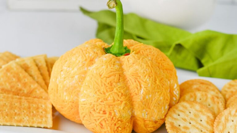 Fall appetizers pumpkin cheese ball on a white plate with crackers.